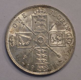 1918 Great Britain Florin Sterling Silver Coin Km - 834 Uncirculated