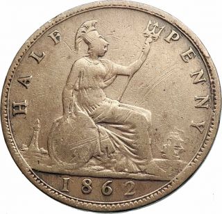 1862 Uk Great Britain United Kingdom Queen Victoria 1/2penny Coin I79487
