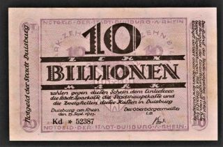 10 Trillion Mark 1923 Notgeld Inflation Duisburg Zehn Billionen Uncirculated