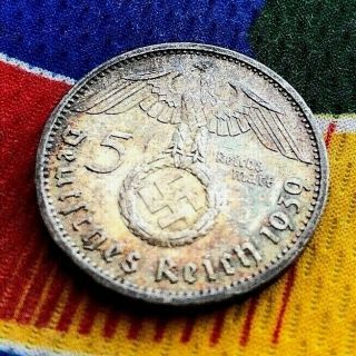 1939 A 5 Mark German Ww2 Silver Coin Third Reich Swastika Reichsmark