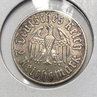 1933 A - 2 Mark WWII German Nazi Silver - Martin Luther Coin - 3rd Third Reich 2