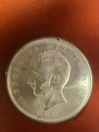 1944 Ecuador 5 Sucres.  720 Silver Crown,  Antonio José De Sucre,  25g,