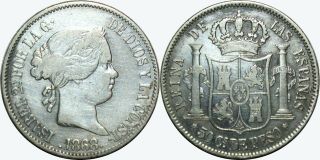 1868 Spain/philippines 50 Centimos Vf Details Km 147 90 Silver Mx520