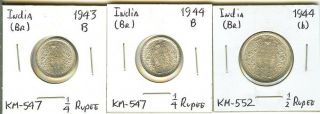 India 1943 - B & 1944 - B Silver 1/4 Rupee & 1944 - B Silver 1/2 Rupee All 3 Gem Unc