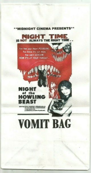 Night Of The Howling Beast Vomit Bag Nm Oop Rare Collectible Ltd Ed Exploitation