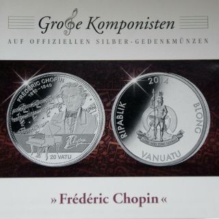 2014 Vanuatu 925/1000 Silver Proof Coin Classical Music Composer Frederic Chopin