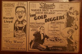 1923 Large 8x12 Silent Film Ad Harold Lloyd W/ Gold Diggers