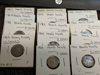 13 Hong Kong Queen Victoria & King Edward Silver Coins.  4 - 10 Cent & 9 - 5 Cents