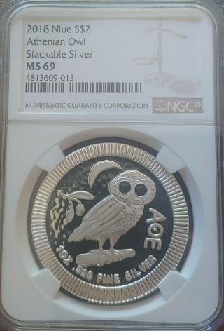 Ngc Niue 2018 1 Ounce Silver 2 Dollars Athenian Owl Ms69