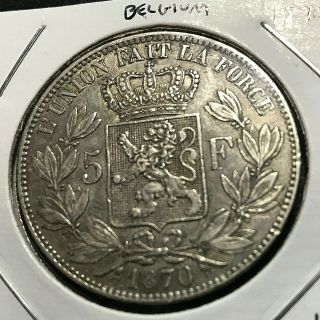 1870 Belgium Silver 5 Francs Old Crown Coin