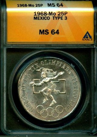 Mexico 1968 Mo 25 Pesos Olympic Games Type 3 Km 479.  3 Anacs Ms64