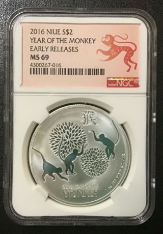 2016 Niue 2 Dollars “year Of The Monkey” Silver Ngc Ms69 Coin