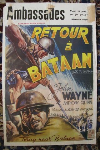 1945 " Back To Bataan " Belgian Movie Poster John Wayne Jean Arthur
