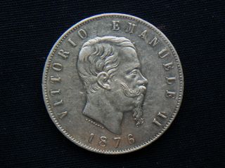 1876 Italy Kingdom Silver Coin 5 £ King Vittorio Emanuele Ii