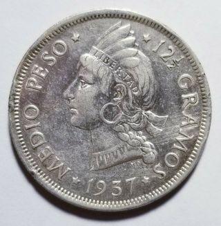 1937 Dominican Republic Silver 1/2 Peso.  3617 Asw Priced Right Shipped C62