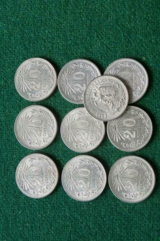 1939 - 1943 Mexico Silver 10 Coins 20 Cents Cap & Rays Au - Unc