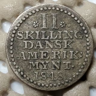 1848 Danish West Indies 2 Skilling Silver Coin Scarce