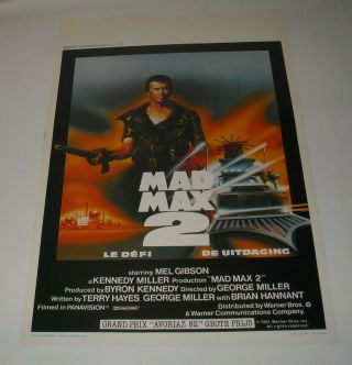 Mad Max 2 Belgian Movie Poster Mel Gibson Sci Fi Thriller Art 14 X 21.  5