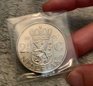 1960 Netherlands 2 1/2 Gulden Silver Coin Queen Juliana Koningin Der Nederlanden