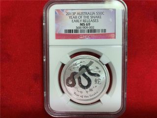 Australia 2013 - P 50 Cents Year Of The Snake 1/2 Oz.  999 Silver Ngc Ms - 69 Early