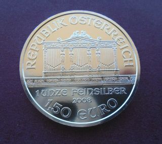 2008 Austrian Philharmonic 1 Oz.  Fine Silver 1.  5 Euros Coin.