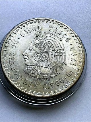 Mexico.  1948 Uncirculated.  Cinco Pesos 30g.  900 Silver Coin Estados Unidos.