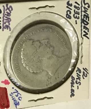 Sweden 1833/1 - Cb 1/2 Riksdaler Silver Coin Scarce