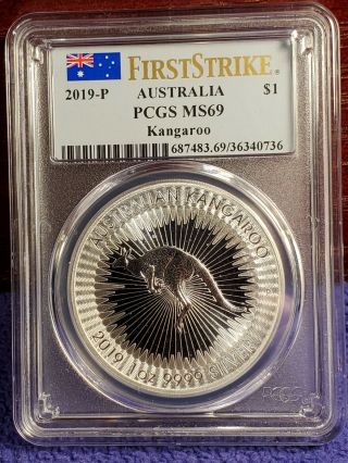 2019 - P Australia $1 Kangaroo 1 Ounce.  9999 Fine Silver Coin Pcgs Ms69 Unc