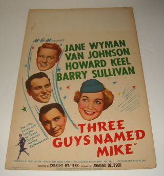 1951 Three Guys Named Mike 14 X 22 Window Card Movie Poster Jane Wyman Gga