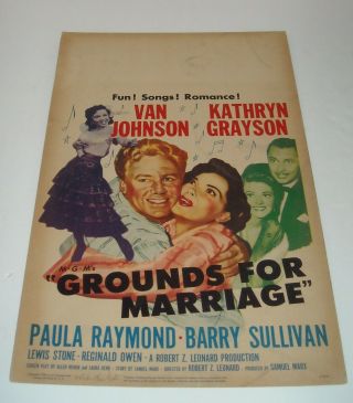 1950 Grounds For Marriage 14 X 22 Window Card Movie Poster Kathryn Grayson Gga