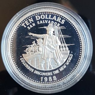 Bahamas Silver 10 Dollar 1988,  Km - 123.  Columbus.  Sailing Ship.  Mntg=1704.  Proof.