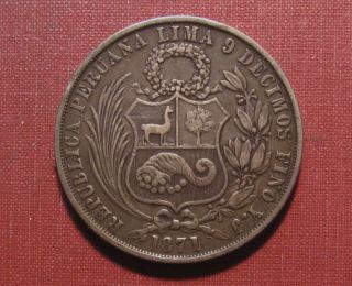 1871 Peru Sol -.  900 Fine Silver Crown Sized Coin,  Details,  Seated Liberty
