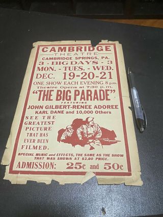The Big Parade King Vidor John Gilbert 1925 Handbill Mini Poster