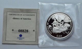 2000 Discovery Of America $20 Liberia.  999 Silver Coin American W/coa
