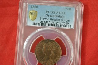 1860 1/2 Penny Great Britain,  Beaded Borders,  Au 53,  Pcgs