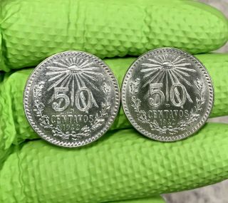 Two For One 1942 Mexico Silver 50 Centavos Flashy Mexican Coins
