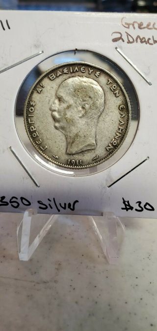 1911 Greece 2 Drachmai Silver Coin (raw158)