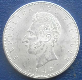 . 720 Silver 1943 Ecuador 5 Sucres Km 79 Antonio José De Sucre Mexico 721