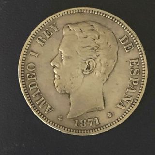 1871 Spain 5 Pesetas Silver Coin