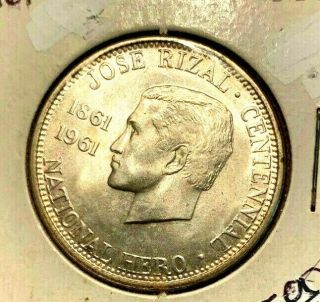1961 Philippines Jose Rizal Nationalist Antique Silver.  900 Half - Peso Bu