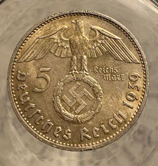 Hindenburg Ww Ii German Silver Coin 1939 D 5 Reichsmark 900 Silver