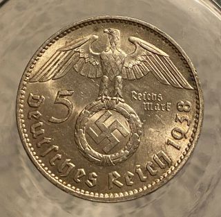 Hindenburg Ww Ii German Silver Coin 1938 J 5 Reichsmark 900 Silver