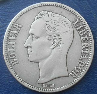 . 900 Silver 1929 Venezuela 5 Bolivares Y 24.  2 Simon Bolivar Head Circ 733
