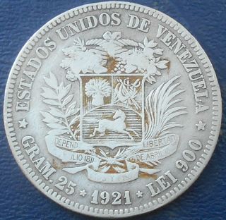 . 900 Silver 1921 Venezuela 5 Bolivares Y 24.  2 Simon Bolivar Head Circ 734