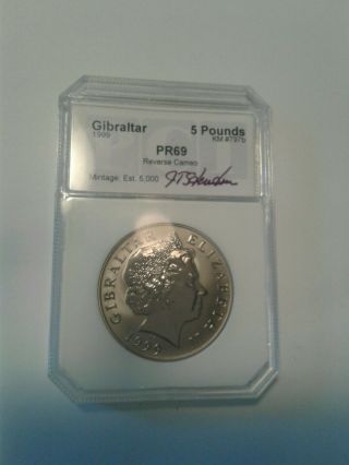 1999 Gibraltar 5 Pounds " P.  C.  I.  - Reverse Proof Cameo Titanium Millennium Coin 620