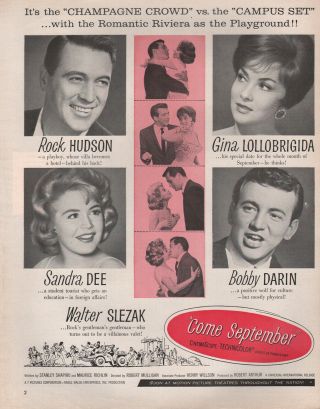 1961 Come September Bobby Darin Sandra Dee Rock Hudson Movie Print Ad