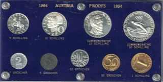 1964 Austria 9 Coin Proof Set (4 Silver) Mounted In A Hard Plastic Display Case