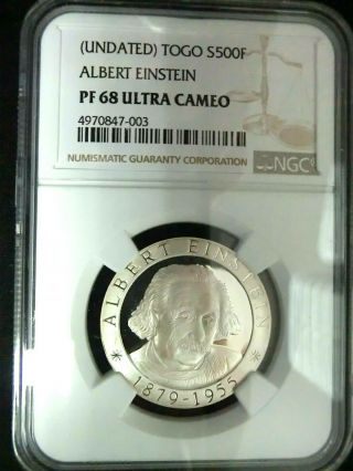 Ngc Pf68 Uc - Togo Nd Albert Einstein Silver 500 Francs Gem Proof Scarce