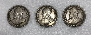 (3) Silver 1904 Coin Republica De Panama Diez Centesimos De Balboa G.  5.  Ley