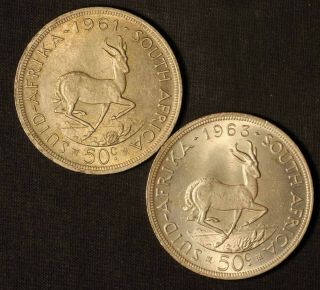 1961 And 1963 South African 50 Cents (. 500 Silver) - Usa